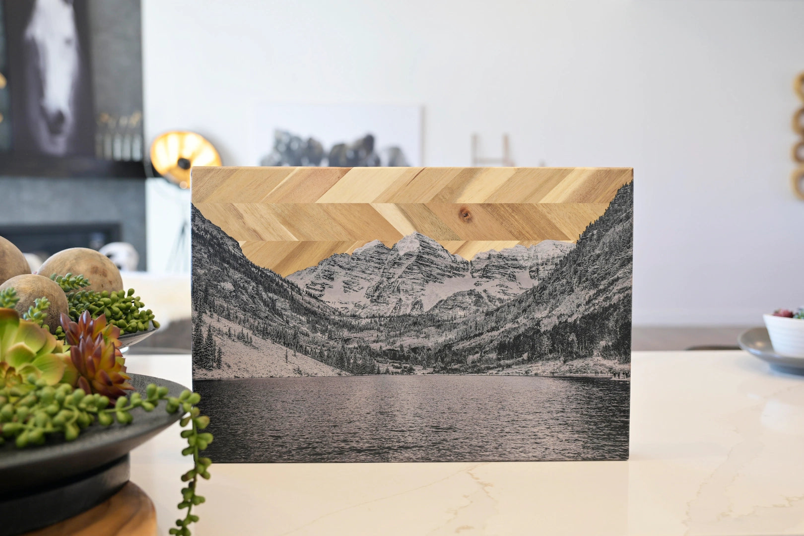 Custom wood print featuring a personalized photo on teak with a herringbone wood pattern. display_on