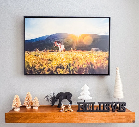 Custom leather print featuring a personalized photo with a black or walnut float frame and stretched over 1.5" stretcher bars for a timeless look.