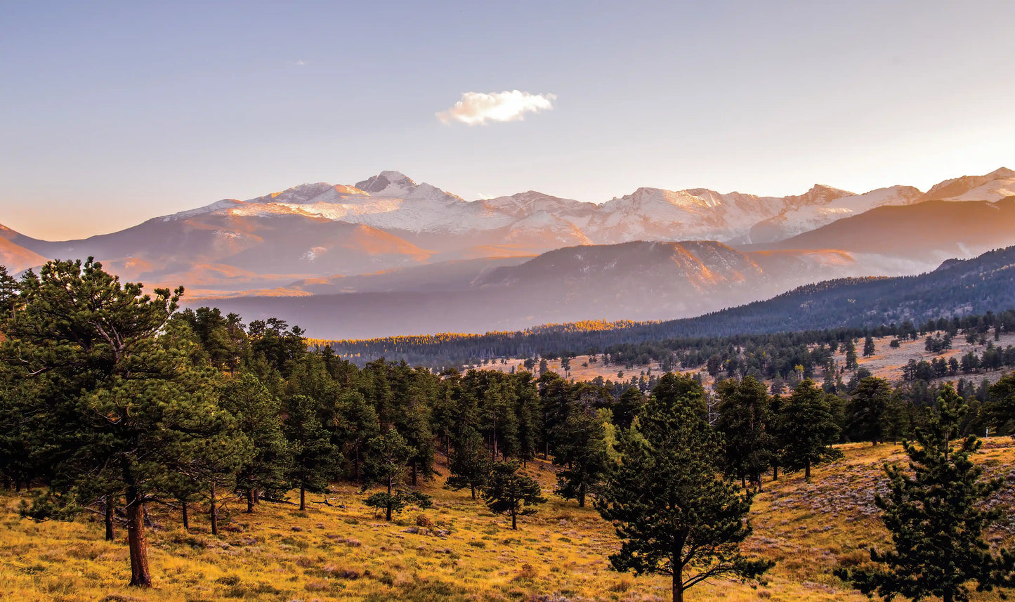 Scenic view of mountains with trees and a clear sky