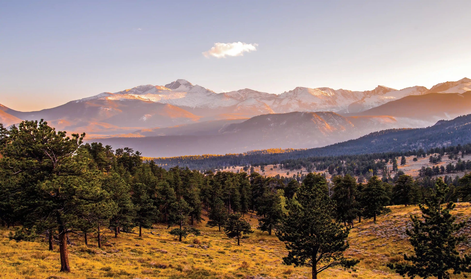 Scenic view of mountains with trees and a clear sky
