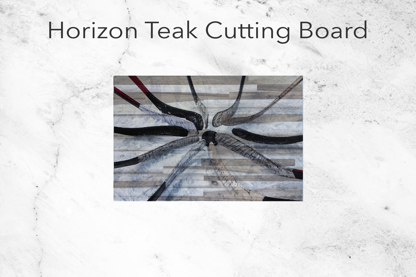 Pond Hockey Print on teak cutting board with horizontal wood pattern.