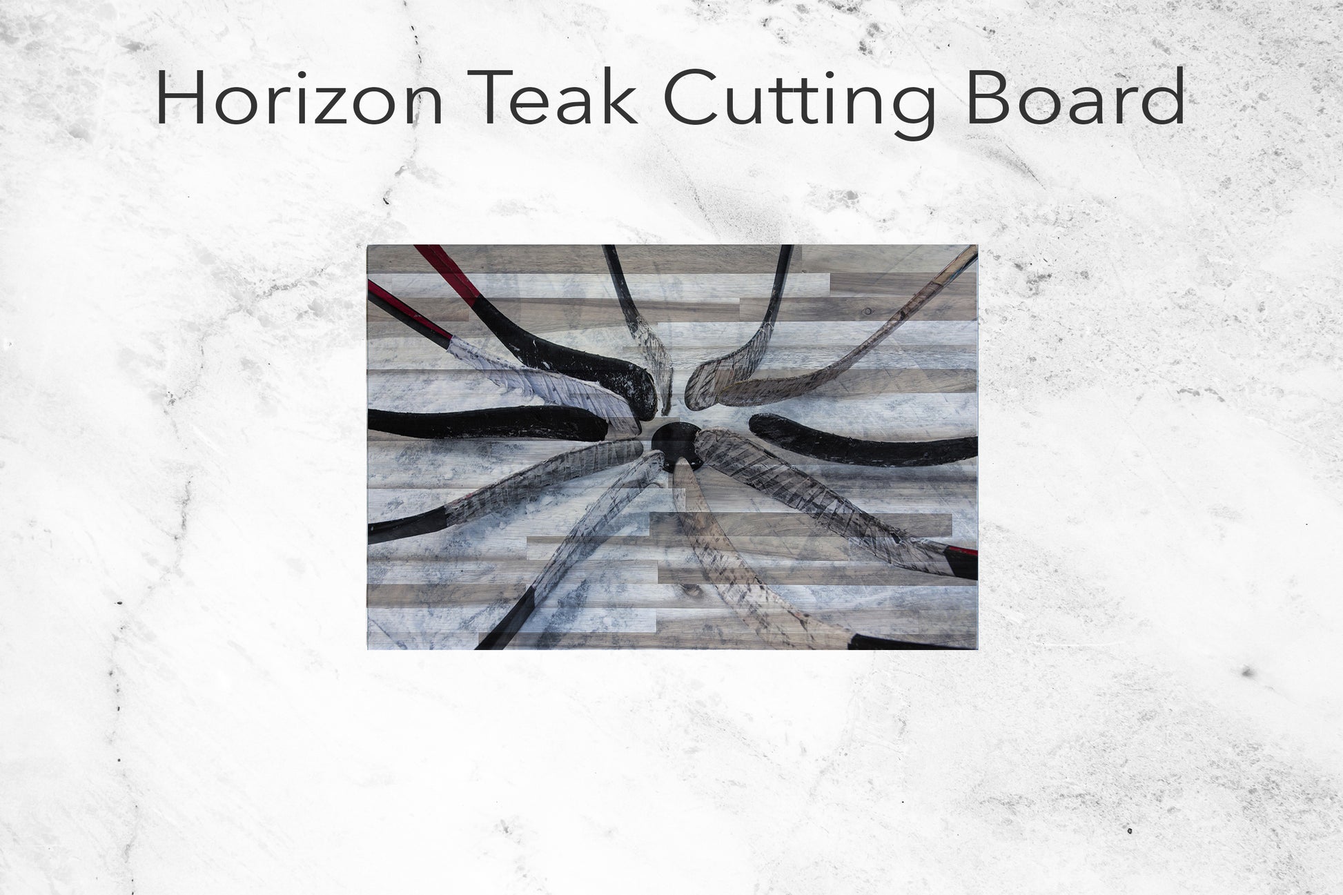 Pond Hockey Print on teak cutting board with horizontal wood pattern.